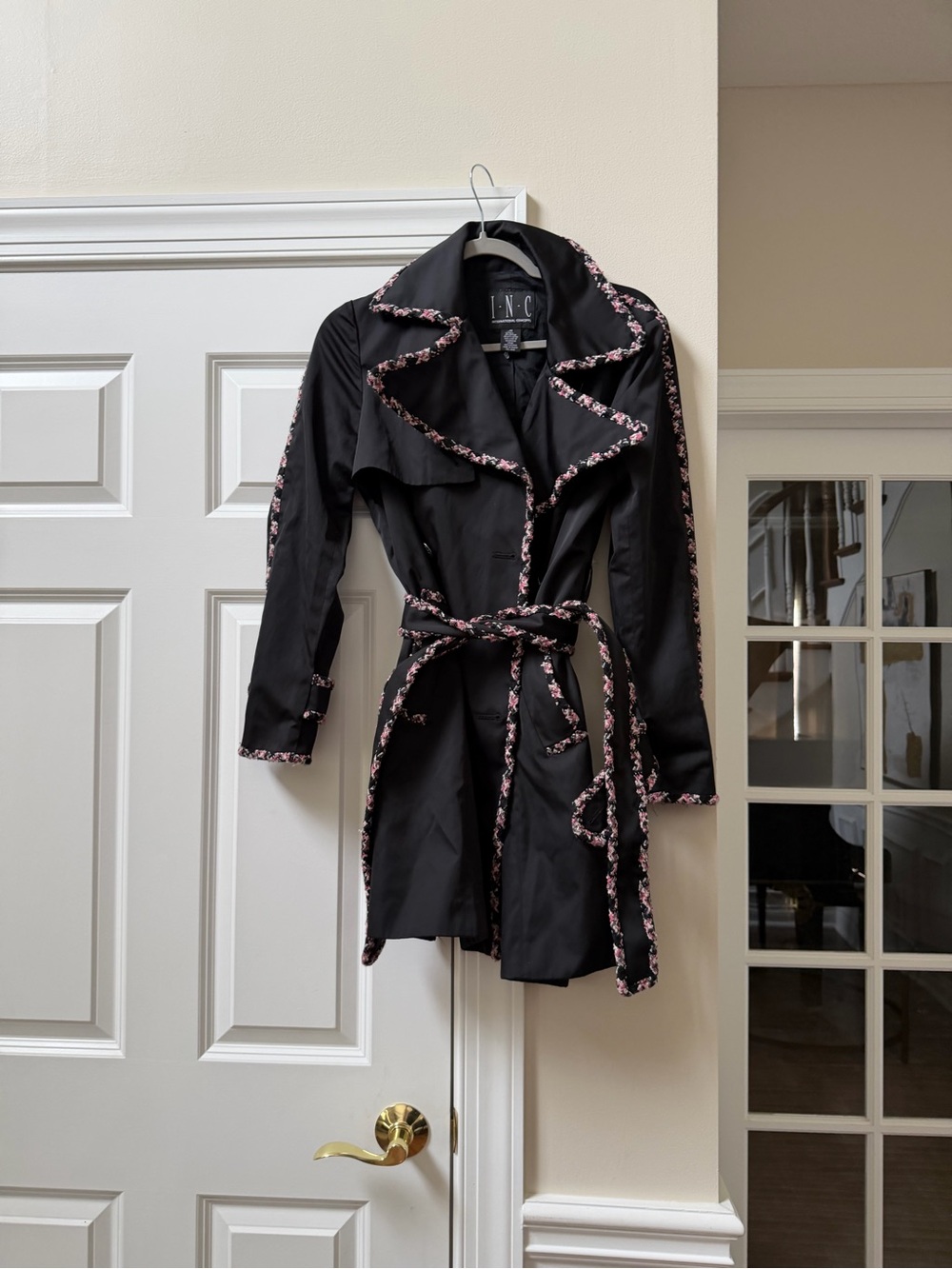 INC International Concepts Black Trench Coat with Pink Floral Trim - Picture 5 of 8